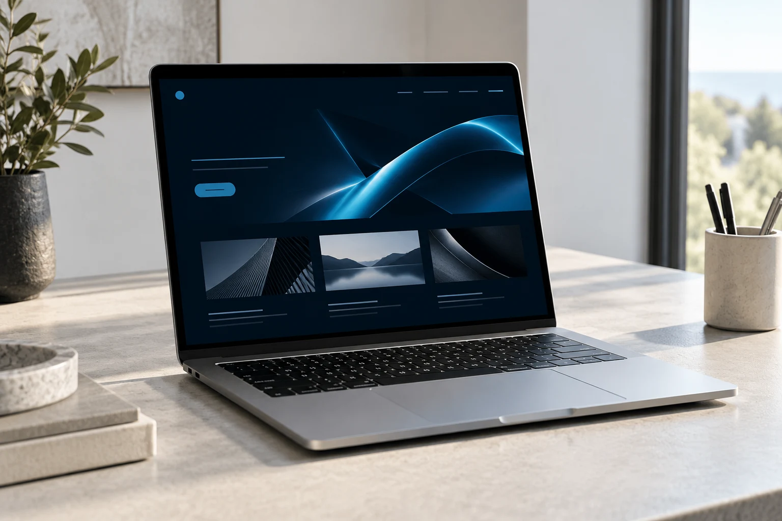 A modern laptop workspace with a website design on screen